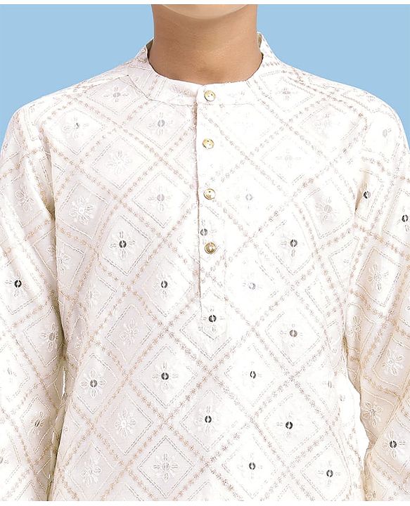 Pine KIds Woven Full Sleeves Kurta Pyjama Set with Sequin Embroidery - White
