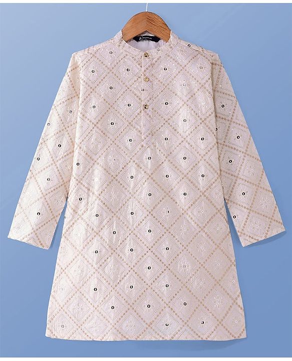 Pine KIds Woven Full Sleeves Kurta Pyjama Set with Sequin Embroidery - White