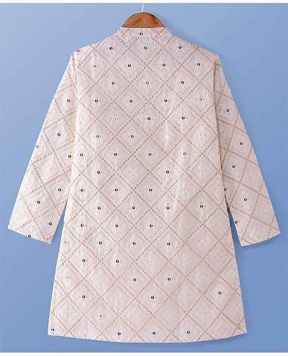 Pine KIds Woven Full Sleeves Kurta Pyjama Set with Sequin Embroidery - White