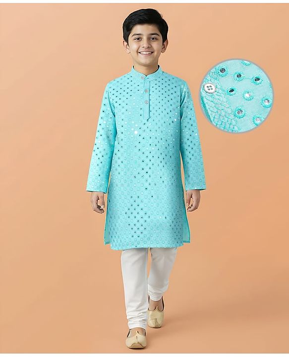 Pine Kids Woven Full Sleeves Kurta Pyjama Set with Mirror Work - Light Blue