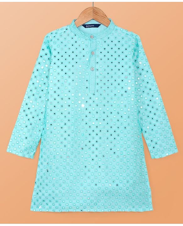 Pine Kids Woven Full Sleeves Kurta Pyjama Set with Mirror Work - Light Blue