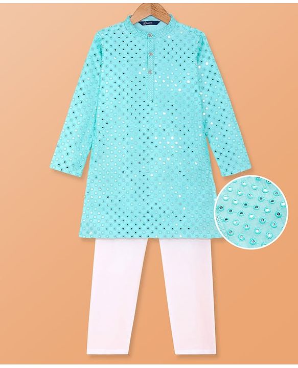 Pine Kids Woven Full Sleeves Kurta Pyjama Set with Mirror Work - Light Blue