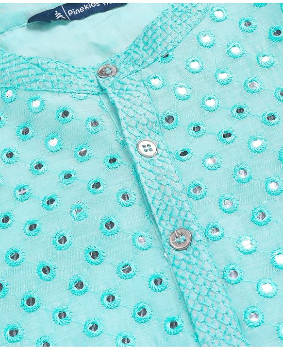 Pine Kids Woven Full Sleeves Kurta Pyjama Set with Mirror Work - Light Blue