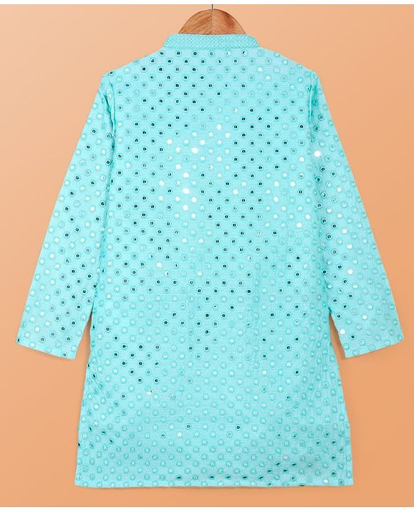 Pine Kids Woven Full Sleeves Kurta Pyjama Set with Mirror Work - Light Blue