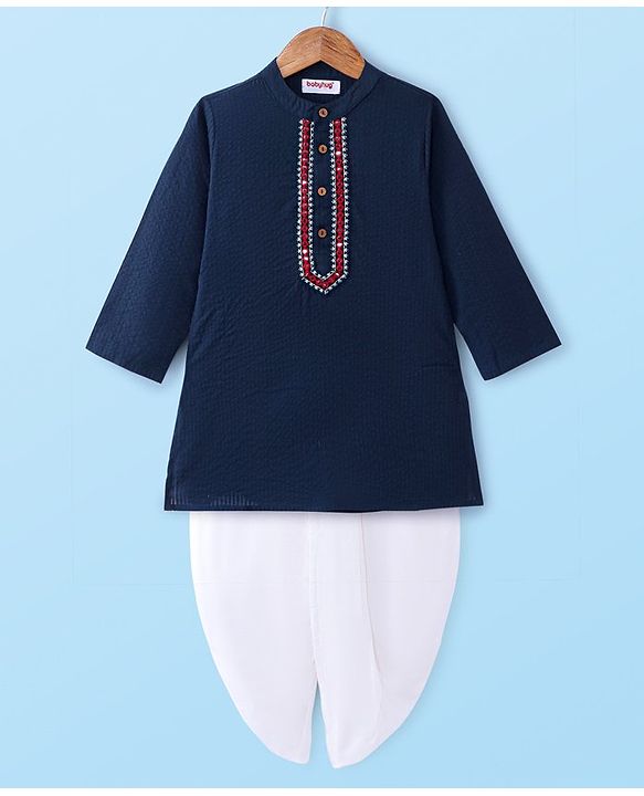 Babyhug Woven Full Sleeves Solid Colour Kurta Dhoti Set with Mirror Embroidery - Navy Blue