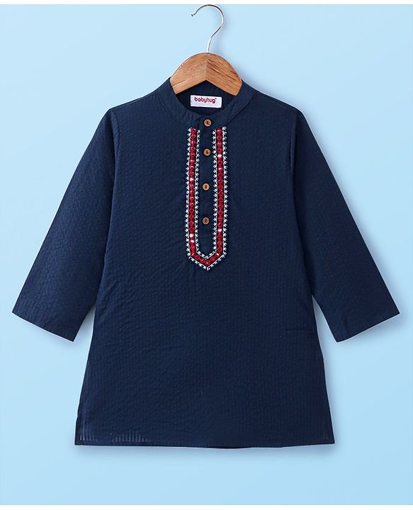 Babyhug Woven Full Sleeves Solid Colour Kurta Dhoti Set with Mirror Embroidery - Navy Blue