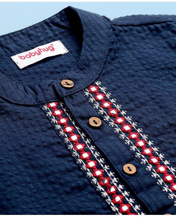 Babyhug Woven Full Sleeves Solid Colour Kurta Dhoti Set with Mirror Embroidery - Navy Blue