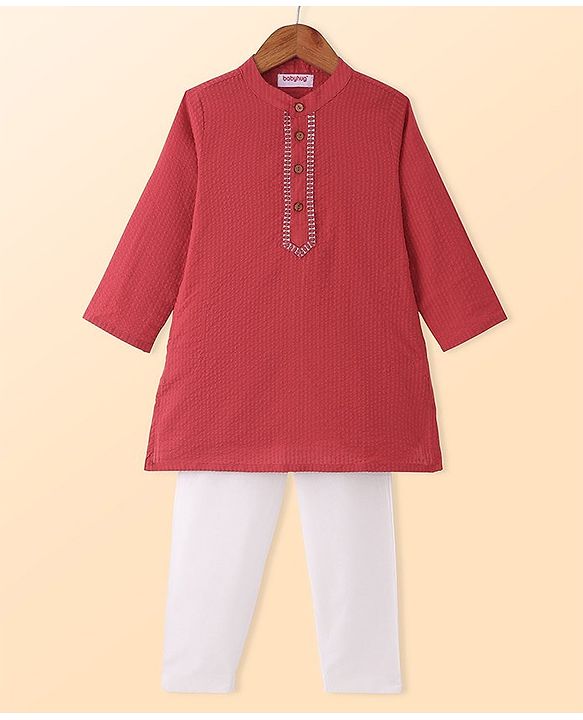 Babyhug Woven Full Sleeves Solid Colour Dobby Kurta Pyjama Set - Red
