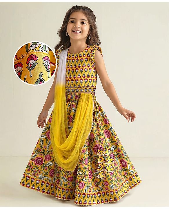 Babyhug Woven Sleeveless Floral Printed Choli Lehenga Set with Dupatta & Lace Detailing - Yellow