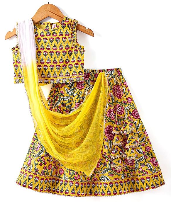 Babyhug Woven Sleeveless Floral Printed Choli Lehenga Set with Dupatta & Lace Detailing - Yellow