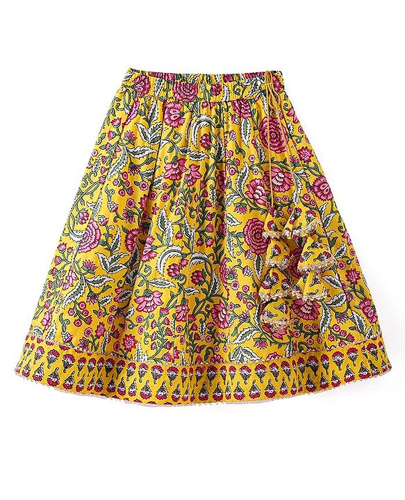 Babyhug Woven Sleeveless Floral Printed Choli Lehenga Set with Dupatta & Lace Detailing - Yellow
