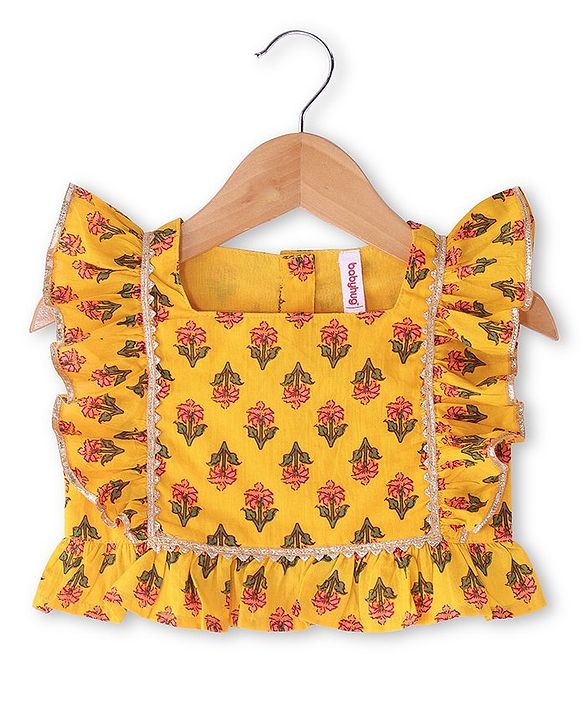 Babyhug Woven Frill Sleeves Floral Printed Choli Lehenga Set with Dupatta & Lace Detailing - Yellow