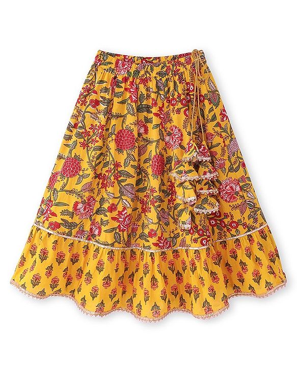 Babyhug Woven Frill Sleeves Floral Printed Choli Lehenga Set with Dupatta & Lace Detailing - Yellow