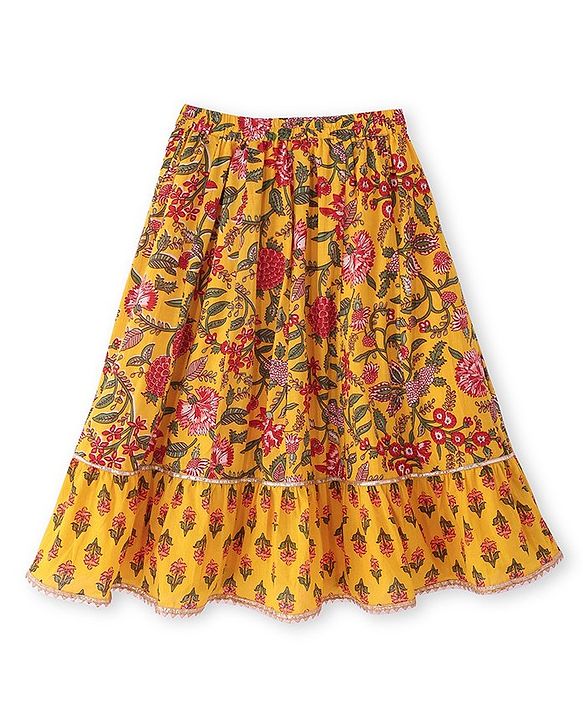 Babyhug Woven Frill Sleeves Floral Printed Choli Lehenga Set with Dupatta & Lace Detailing - Yellow