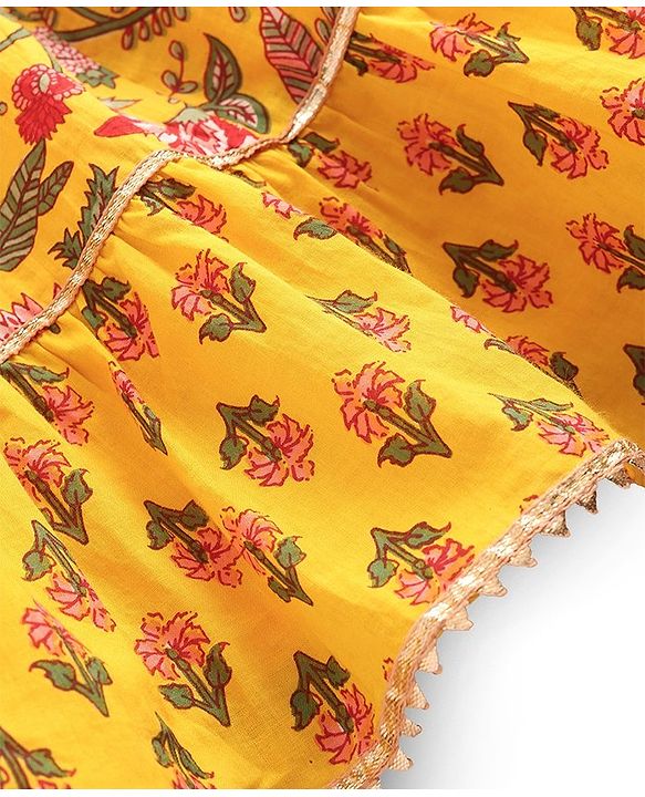 Babyhug Woven Frill Sleeves Floral Printed Choli Lehenga Set with Dupatta & Lace Detailing - Yellow