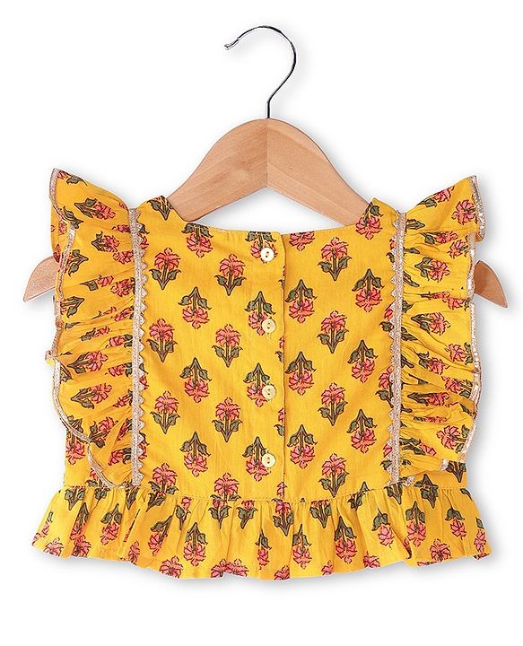 Babyhug Woven Frill Sleeves Floral Printed Choli Lehenga Set with Dupatta & Lace Detailing - Yellow