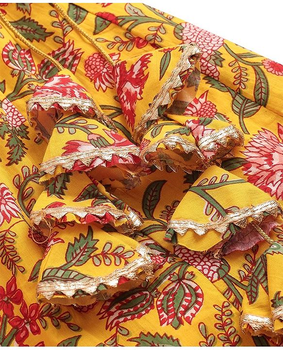 Babyhug Woven Frill Sleeves Floral Printed Choli Lehenga Set with Dupatta & Lace Detailing - Yellow