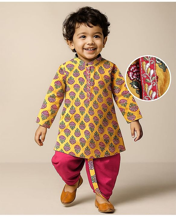 Babyhug Cambric Woven Full Sleeves Kurta Dhoti Set With Floral Print - Mustard & Dark Pink