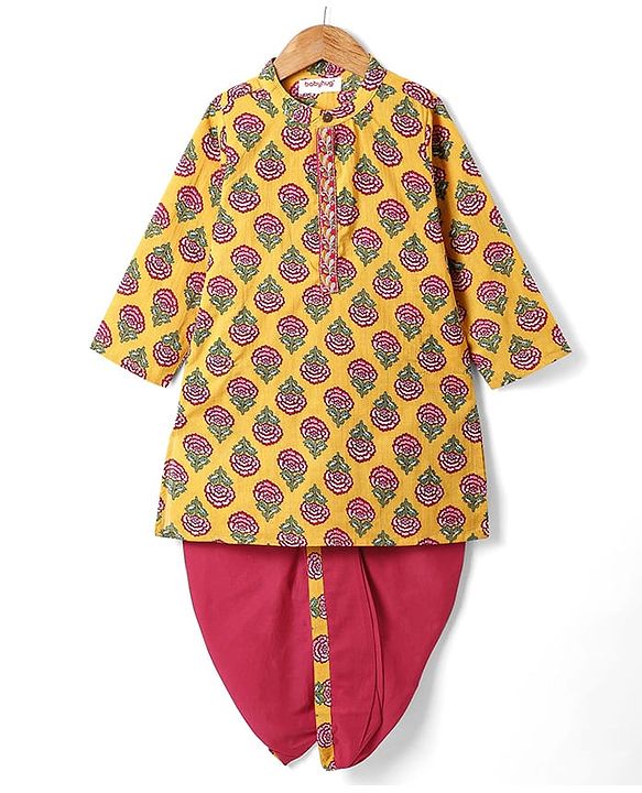 Babyhug Cambric Woven Full Sleeves Kurta Dhoti Set With Floral Print - Mustard & Dark Pink