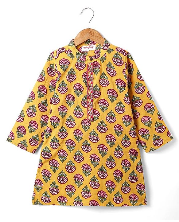 Babyhug Cambric Woven Full Sleeves Kurta Dhoti Set With Floral Print - Mustard & Dark Pink