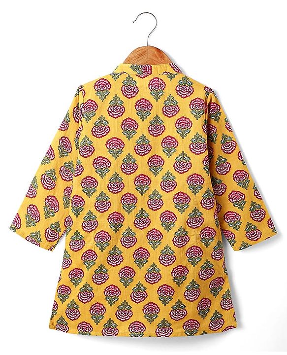 Babyhug Cambric Woven Full Sleeves Kurta Dhoti Set With Floral Print - Mustard & Dark Pink