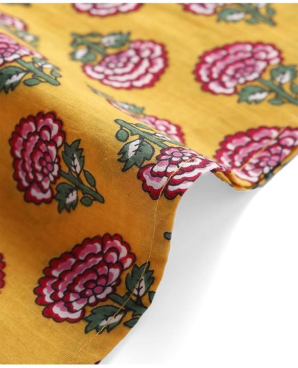 Babyhug Cambric Woven Full Sleeves Kurta Dhoti Set With Floral Print - Mustard & Dark Pink