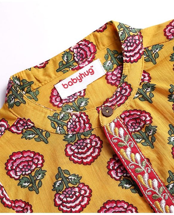 Babyhug Cambric Woven Full Sleeves Kurta Dhoti Set With Floral Print - Mustard & Dark Pink