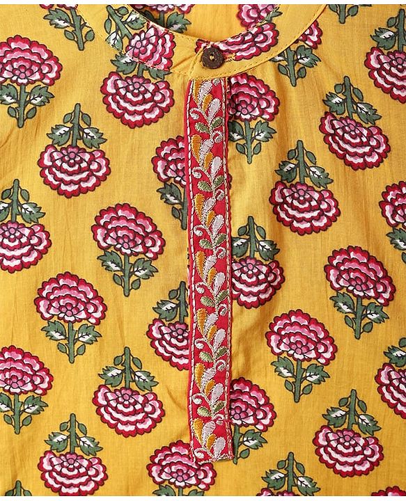 Babyhug Cambric Woven Full Sleeves Kurta Dhoti Set With Floral Print - Mustard & Dark Pink