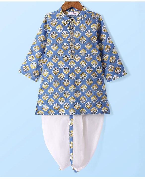Babyhug Cotton Woven Full Sleeves Floral Printed Kurta Dhoti Set - Light Blue