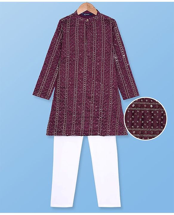 Pine Kids Woven Full Sleeves Sequin Embroidered Kurta Pyjama Set - Wine