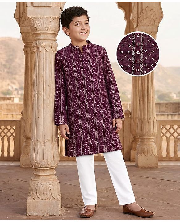Pine Kids Woven Full Sleeves Sequin Embroidered Kurta Pyjama Set - Wine