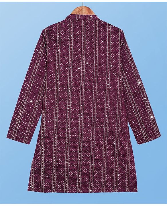 Pine Kids Woven Full Sleeves Sequin Embroidered Kurta Pyjama Set - Wine