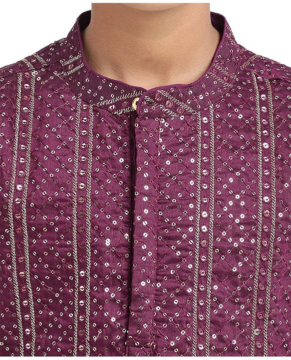Pine Kids Woven Full Sleeves Sequin Embroidered Kurta Pyjama Set - Wine