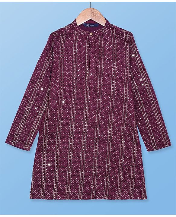 Pine Kids Woven Full Sleeves Sequin Embroidered Kurta Pyjama Set - Wine