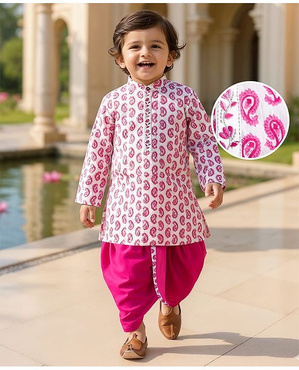 Babyhug Cotton Woven Full Sleeves Paisley Printed Kurta Dhoti Set - Pink