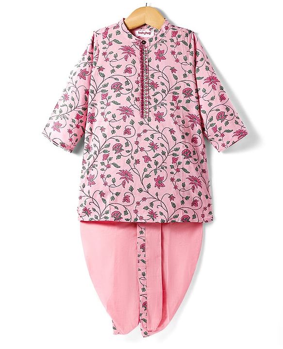 Babyhug Cambric Woven Full Sleeves Floral Printed Dhoti Kurta Set - Pink