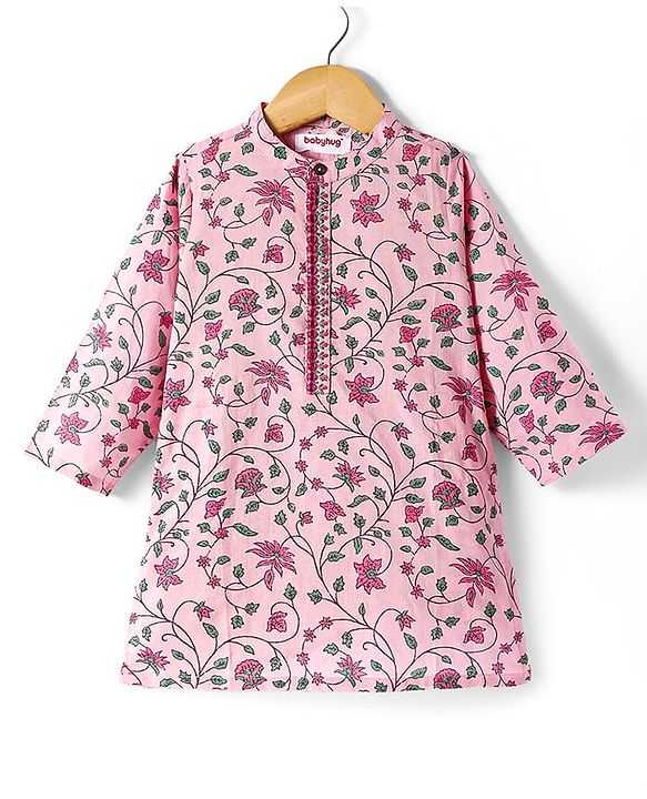 Babyhug Cambric Woven Full Sleeves Floral Printed Dhoti Kurta Set - Pink