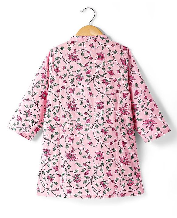 Babyhug Cambric Woven Full Sleeves Floral Printed Dhoti Kurta Set - Pink
