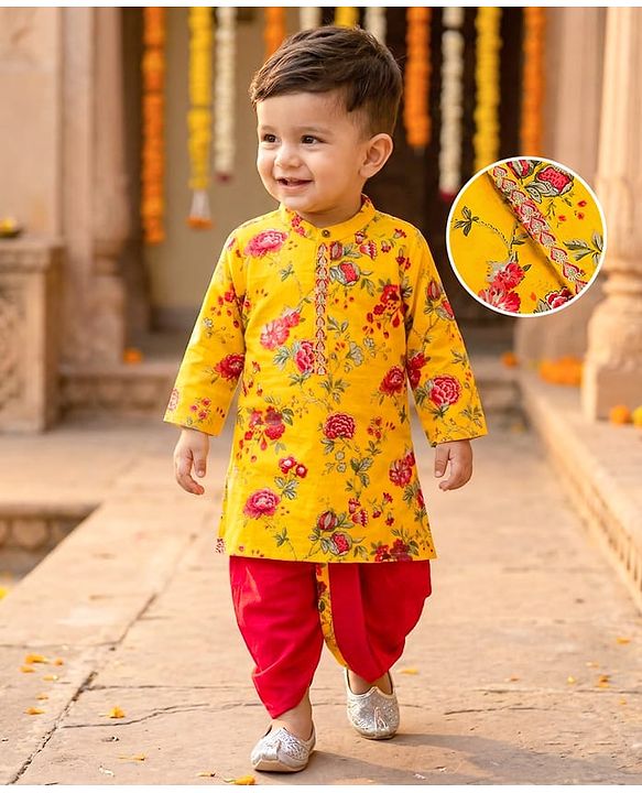 Babyhug 100% Cotton Woven Cambric Full Sleeves Floral Printed Kurta & Dhoti Set - Yellow