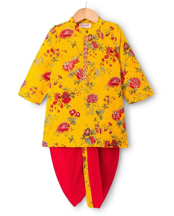 Babyhug 100% Cotton Woven Cambric Full Sleeves Floral Printed Kurta & Dhoti Set - Yellow