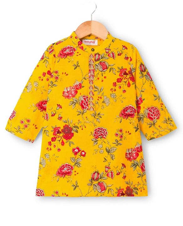Babyhug 100% Cotton Woven Cambric Full Sleeves Floral Printed Kurta & Dhoti Set - Yellow
