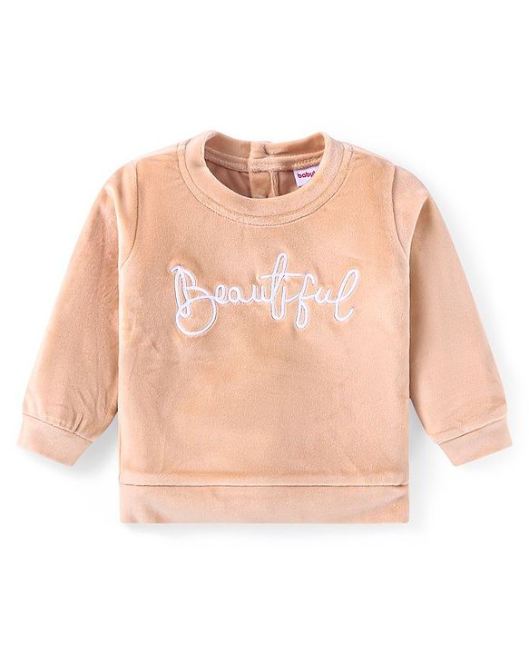 Babyhug Velour Woven Full Sleeves Winter Wear Suit With Text Embroidery - Peach