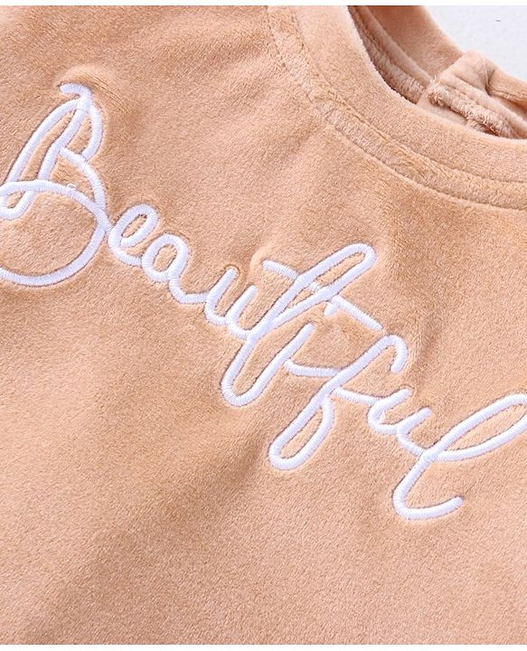 Babyhug Velour Woven Full Sleeves Winter Wear Suit With Text Embroidery - Peach