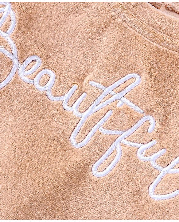 Babyhug Velour Woven Full Sleeves Winter Wear Suit With Text Embroidery - Peach