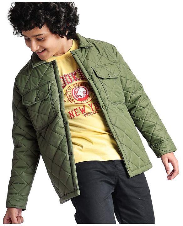 Pine Kids Woven Full Sleeves Collar Neck Padded Quilted Jacket With Solid Colour - Olive Green