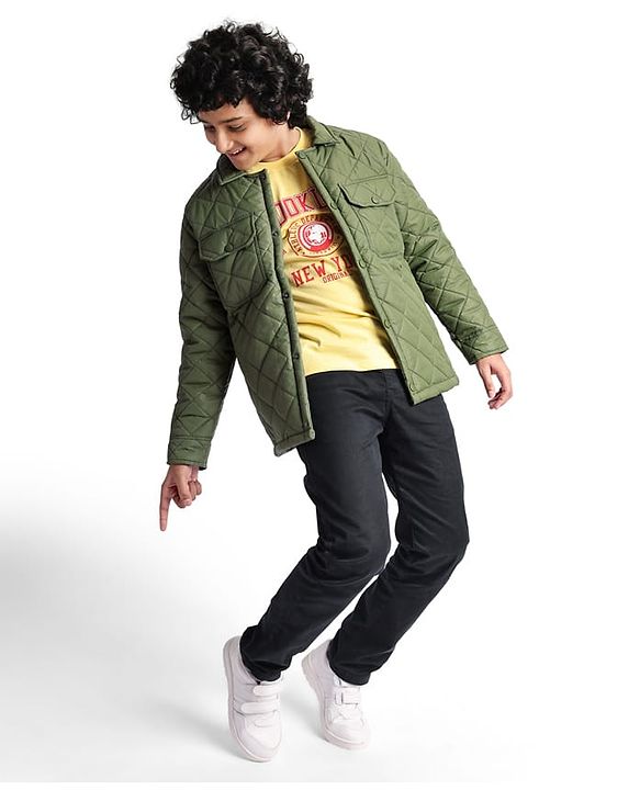 Pine Kids Woven Full Sleeves Collar Neck Padded Quilted Jacket With Solid Colour - Olive Green