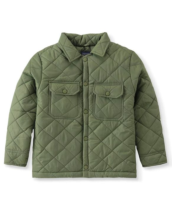 Pine Kids Woven Full Sleeves Collar Neck Padded Quilted Jacket With Solid Colour - Olive Green