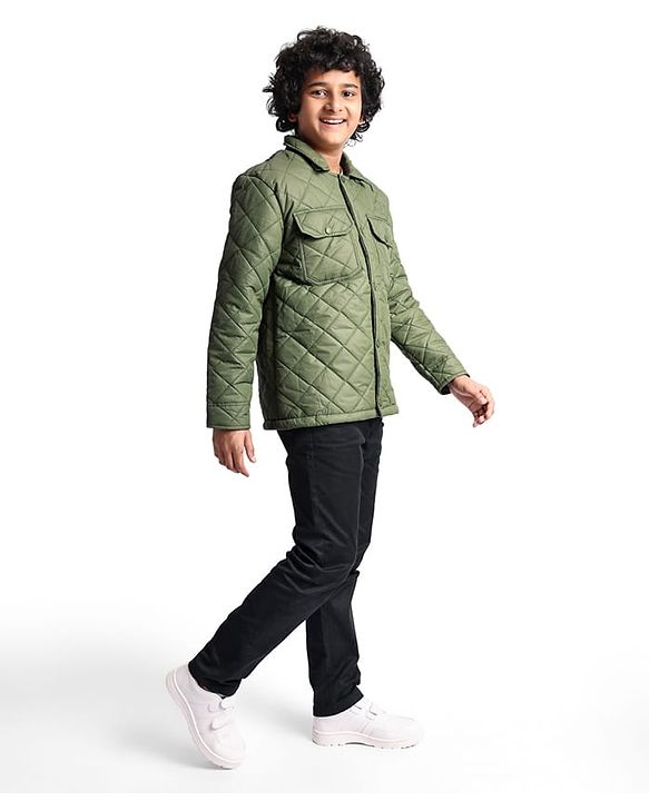 Pine Kids Woven Full Sleeves Collar Neck Padded Quilted Jacket With Solid Colour - Olive Green