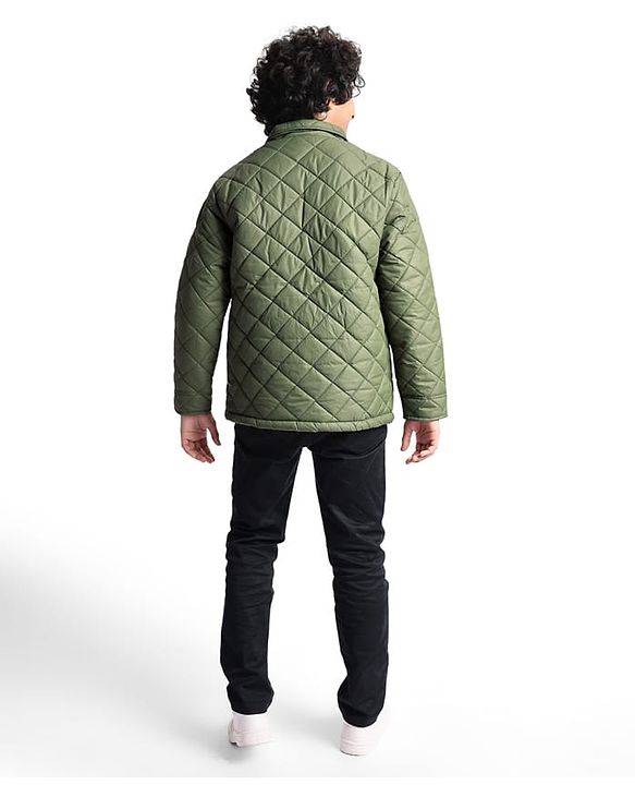 Pine Kids Woven Full Sleeves Collar Neck Padded Quilted Jacket With Solid Colour - Olive Green