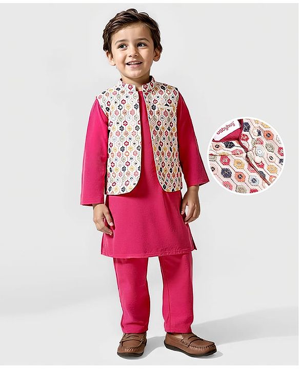 Babyhug Woven Full Sleeves Solid Kurta Pyjama Set With Sequin Embroided Jacket  -Red
